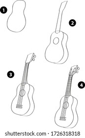 Step by step drawing learning techniques, objects set workbook for kids isolated background. Vector illustration guitar