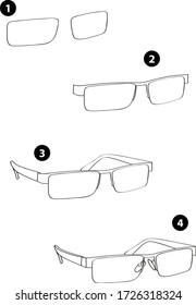 Step by step drawing learning techniques, objects set workbook for kids isolated background. Vector illustration glasses
