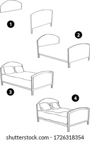 Step by step drawing learning techniques, objects set workbook for kids isolated background. Vector illustration bed