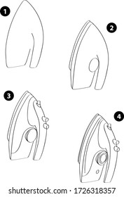 Step by step drawing learning techniques, objects set workbook for kids isolated background. Vector illustration iron