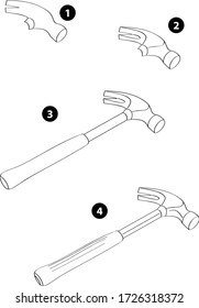 Step by step drawing learning techniques, objects set workbook for kids isolated background. Vector illustration hammer