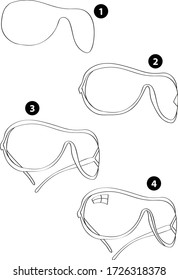 Step by step drawing learning techniques, objects set workbook for kids isolated background. Vector illustration glasses