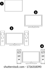 Step by step drawing learning techniques, objects set workbook for kids isolated background. Vector illustration television