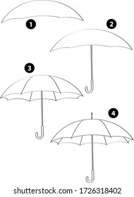 Step by step drawing learning techniques, objects set workbook for kids isolated background. Vector illustration umbrella