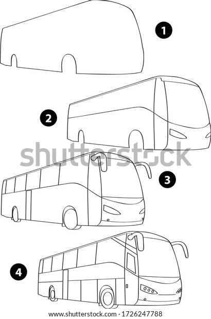 Step by step drawing learning techniques,\
transportation tools set workbook for kids isolated background.\
Vector illustration bus