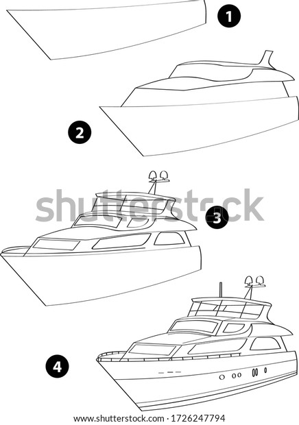 Step by step drawing learning techniques,\
transportation tools set workbook for kids isolated background.\
Vector illustration yacht
