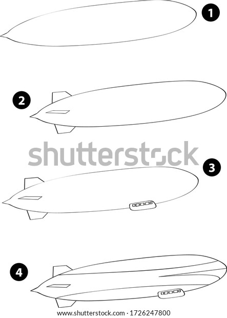 Step by step drawing learning techniques,\
transportation tools set workbook for kids isolated background.\
Vector illustration\
zeppelin