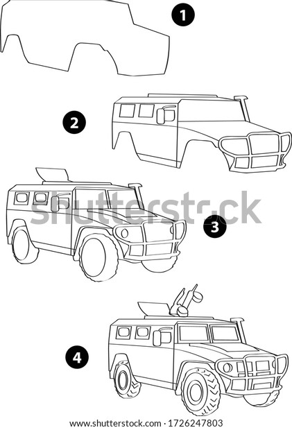 Step by step drawing learning techniques,\
transportation tools set workbook for kids isolated background.\
Vector illustration land\
car