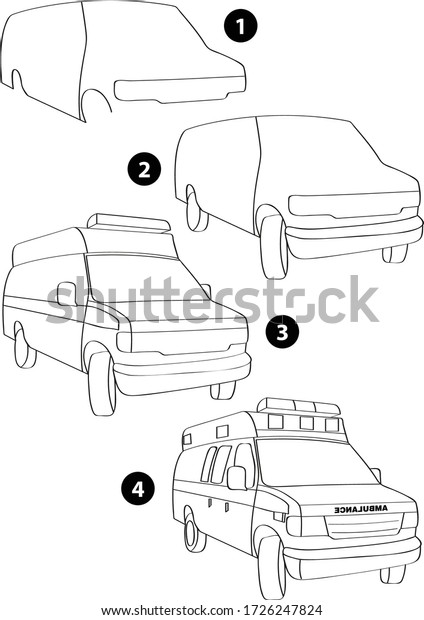 Step by step drawing learning techniques,\
transportation tools set workbook for kids isolated background.\
Vector illustration\
ambulance