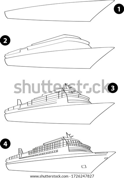 Step by step drawing learning techniques,\
transportation tools set workbook for kids isolated background.\
Vector illustration ship