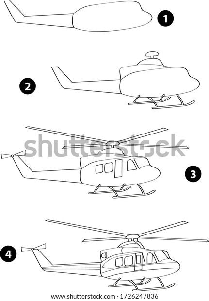 Step by step drawing learning techniques,\
transportation tools set workbook for kids isolated background.\
Vector illustration\
helicopter