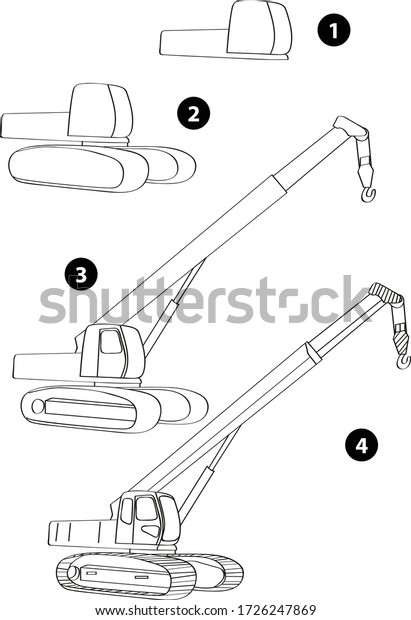 Step by step drawing learning techniques,\
transportation tools set workbook for kids isolated background.\
Vector illustration crane