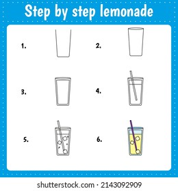 Step by step drawing. Lemonade. Educational worksheet for kids education