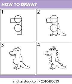 step by step drawing lesson for children. How to draw beautiful animals crocodile dinosaur. Vector.