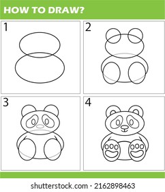 step by step drawing lesson for children. How to draw beautiful animals bear panda. Vector.