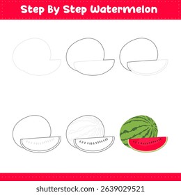 Step By Step Drawing Lessons For Kids. Watermelon Drawing Tutorial On How To Draw. Step By Step Image Repetition. Vector illustration
