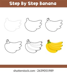 Step By Step Drawing Lessons For Kids. Banana Drawing Tutorial On How To Draw. Step By Step Image Repetition. Vector illustration