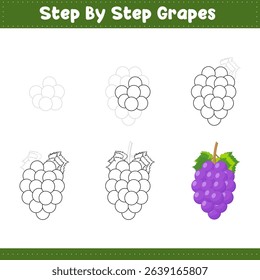 Step By Step Drawing Lessons For Kids. Grapes Drawing Tutorial On How To Draw. Step By Step Image Repetition. Vector illustration