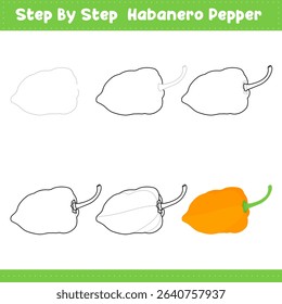 Step By Step Drawing Lessons For Kids. Habanero Pepper Drawing Tutorial On How To Draw. Step By Step Image Repetition. Vector illustration
