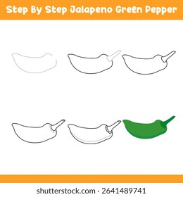 Step By Step Drawing Lessons For Kids. Jalapeno Green Pepper Drawing Tutorial On How To Draw. Step By Step Image Repetition. Vector illustration

