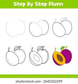 Passo A Passo Desenhando Lições Para Crianças. Tutorial De Desenho De Ameixa Sobre Como Desenhar. Repetição De Imagem Passo A Passo. Ilustração vetorial
