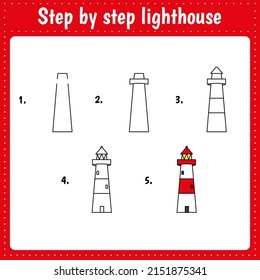 Step by step drawing lighthouse. Educational worksheet for kids. Preschool activity pages