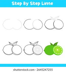 Step By Step Drawing Lime For Kids. Lemon Drawing Tutorial On How To Draw. Step By Step Image Repetition. Vector illustration shutter stock