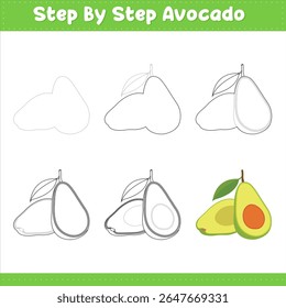 Step By Step Drawing Lime For Kids. Avocado Food Drawing Tutorial On How To Draw. Vector illustration shutter stock