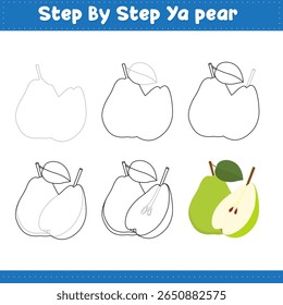 Step By Step Drawing Lime For Kids. Ya pear Green Food Drawing Tutorial On How To Draw. Vector illustration