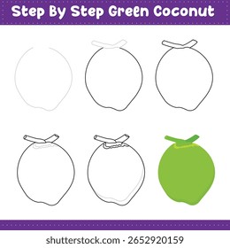 Step By Step Drawing Lime For Kids. Green Coconut Food Drawing Tutorial On How To Draw. Vector illustration