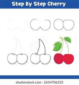 Paso A Paso Dibujando Cal Para Niños. Tutorial De Dibujo De Alimentos De Cereza Sobre Cómo Dibujar. Ilustración vectorial