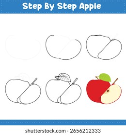 Paso A Paso Dibujando Cal Para Niños. Tutorial De Dibujo De Alimentos De Manzana Sobre Cómo Dibujar. Ilustración vectorial