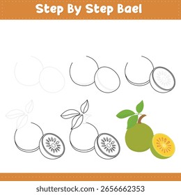 Paso A Paso Dibujando Cal Para Niños. Tutorial De Dibujo De Alimentos De Bael Sobre Cómo Dibujar. Ilustración vectorial

