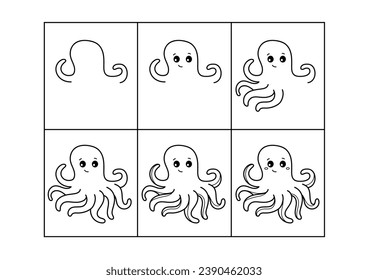 Step by step drawing. Octopus. Coloring page, coloring book page. Black and white vector illustration.