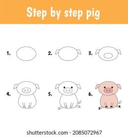 Step by step drawing pig for children