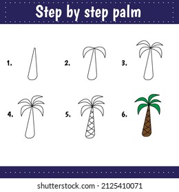 Step by step drawing. Preschool activity for kids. Educational sheets. Palm