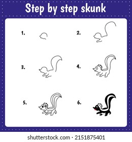 Step by step drawing skunk. Educational worksheet for kids. Preschool activity pages