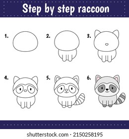 Step by step drawing. Drawing tutorial for kids. Easy level. Education sheets. How to draw raccoon. Worksheets