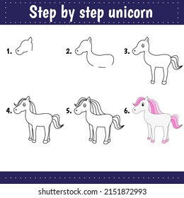 Step by step drawing. Drawing tutorial for kids. Easy level. Education sheets. How to draw unicorn. Worksheets