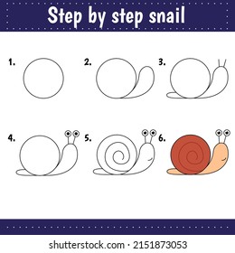 Step by step drawing. Drawing tutorial for kids. Easy level. Education sheets. How to draw snail. Worksheets