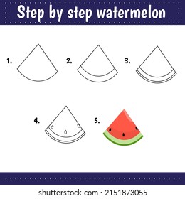 Schritt für Schritt Zeichnung. Zeichnen von Tutorial für Kinder. Leicht. Bildungsblätter. Wie man Wassermelonen zeichnet. Arbeitsblätter