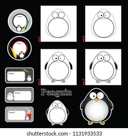 Step by step drawing tutorial repeats picture developing children skills for drawing, coloring. children drawing lesson. active worksheet cartoon animals and name cards labels. how to draw a penguin