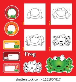 Step by step drawing tutorial repeats picture developing children skills for drawing, coloring. children drawing lesson. active worksheet cartoon animals and name cards labels. how to draw a frog