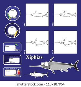 Step by step drawing tutorial repeats picture developing children skills for drawing, coloring. children drawing lesson. active worksheet cartoon animals and name cards labels. how to draw a xiphias