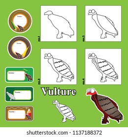 Step by step drawing tutorial repeats picture developing children skills for drawing, coloring. children drawing lesson. active worksheet cartoon animals and name cards labels. how to draw a vulture