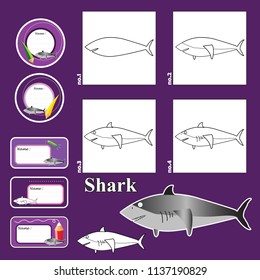 Step by step drawing tutorial repeats picture developing children skills for drawing, coloring. children drawing lesson. active worksheet cartoon animals and name cards labels. how to draw a shark