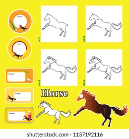 Step by step drawing tutorial repeats picture developing children skills for drawing, coloring. children drawing lesson. active worksheet cartoon animals and name cards labels. how to draw a horse