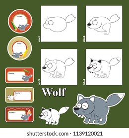 Step by step drawing tutorial repeats picture developing children skills for drawing, coloring. children drawing lesson. active worksheet cartoon animals and name cards labels. how to draw a wolf