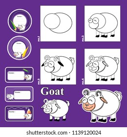 Step by step drawing tutorial repeats picture developing children skills for drawing, coloring. children drawing lesson. active worksheet with cartoon animals and name cards labels. how to draw a goat