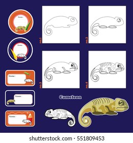 Step by step drawing tutorial repeats picture developing children skills for drawing, coloring. children drawing lesson. active worksheet cartoon animals and name cards labels. how to draw a chameleon